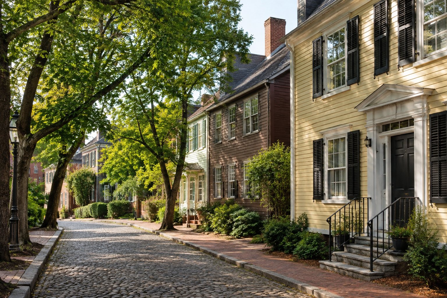A quiet Providence County street with New England homes, illustrative