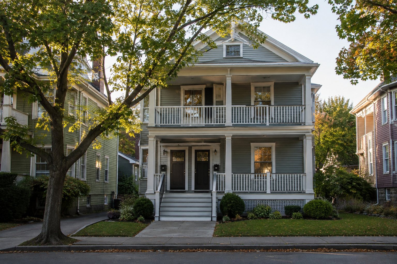 A New England two family home on a tree lined Providence street in soft evening light, illustrative