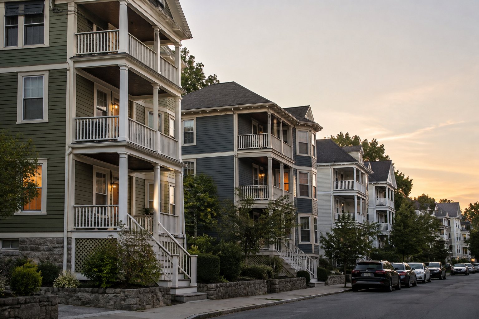 A Providence County home at dusk, illustrative