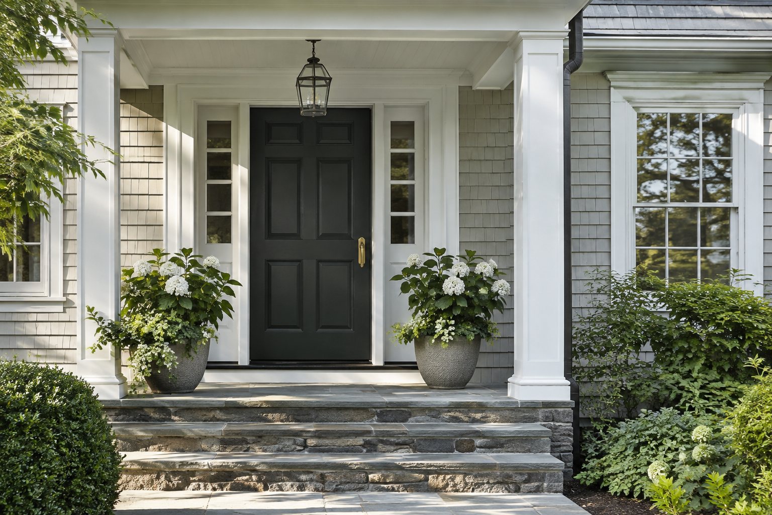 A covered front entry of a Providence County home, illustrative